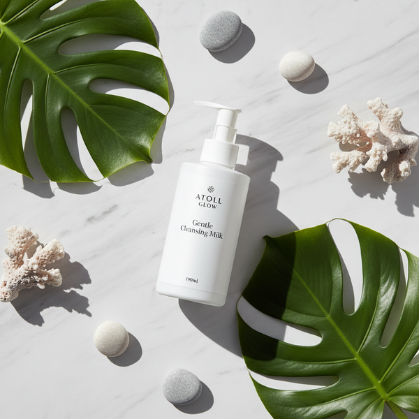 Atoll Glow Gentle Cleansing Milk flat lay on marble with tropical botanicals