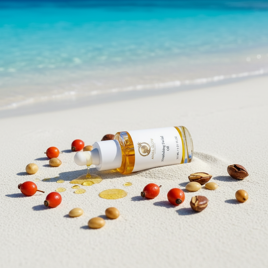 Atoll Glow Nourishing Facial Oil on white sand with organic botanicals and ocean bokeh