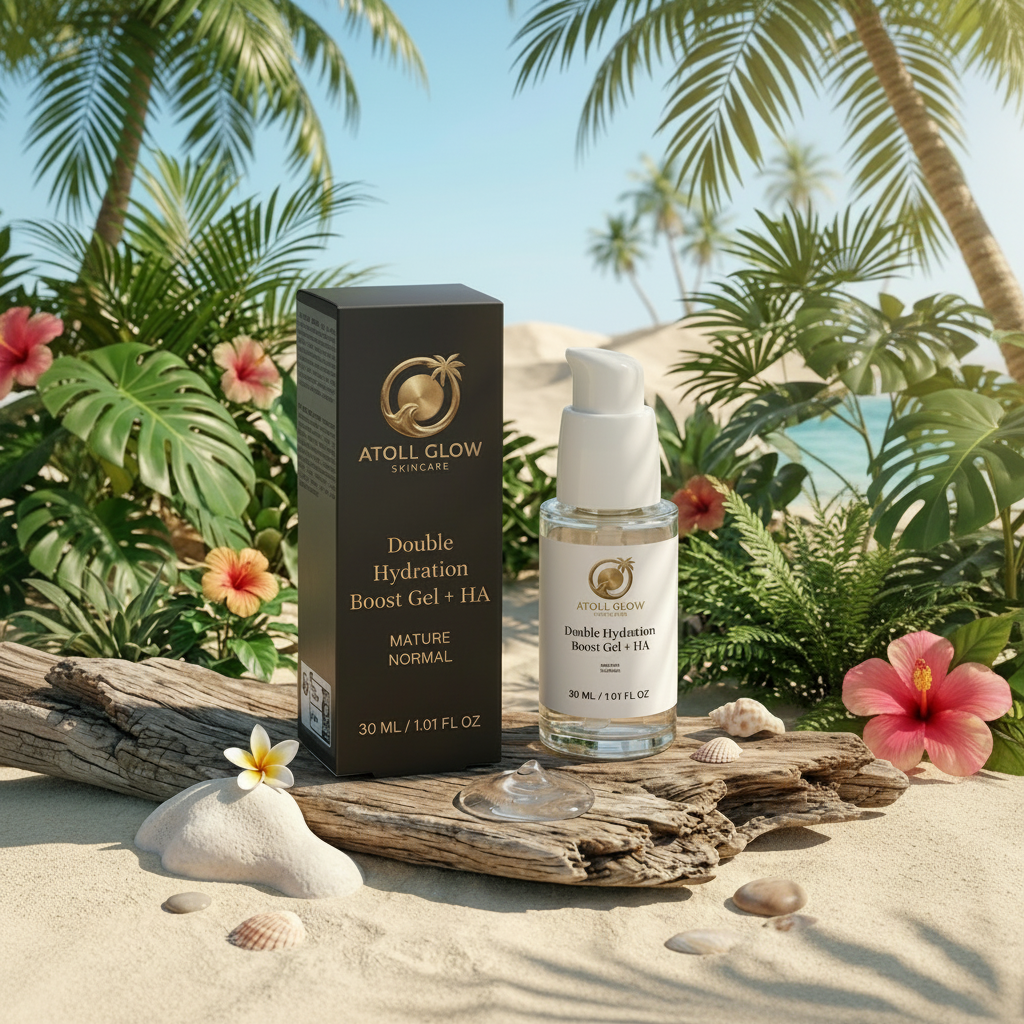 Atoll Glow Double Hydration Gel on driftwood beach with hibiscus and seashells