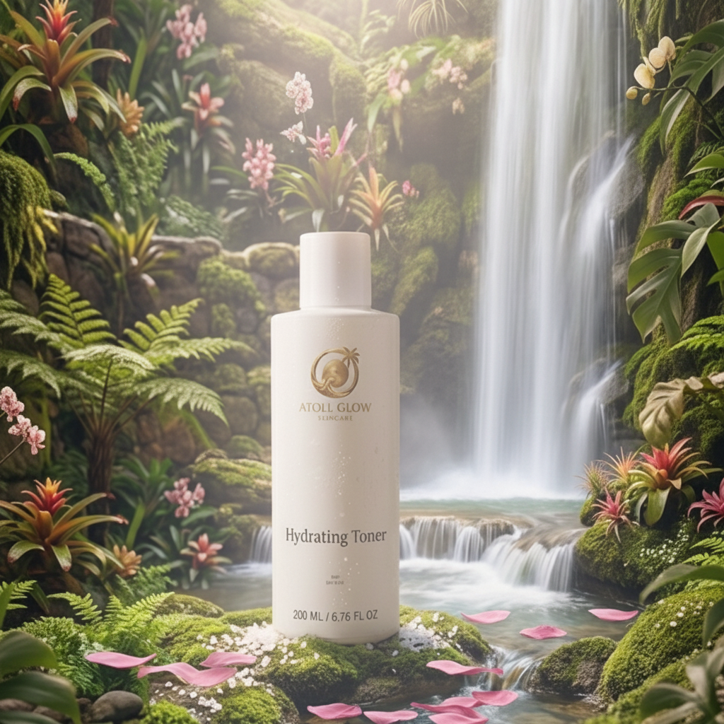 Atoll Glow Hydrating Toner on mossy rocks beside tropical waterfall with orchids