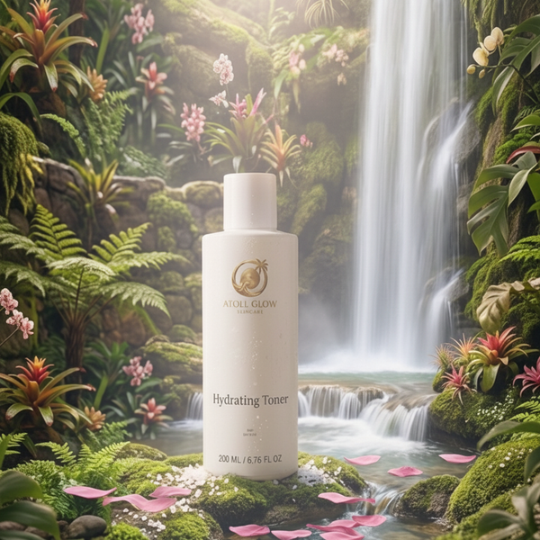 Atoll Glow Hydrating Toner on mossy rocks beside tropical waterfall with orchids