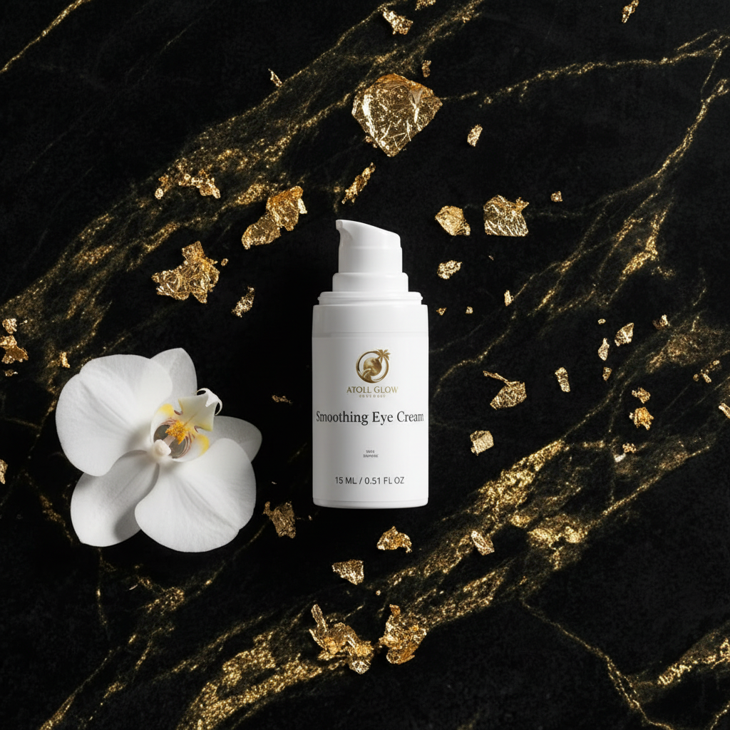 Atoll Glow Smoothing Eye Cream flat lay on black gold marble with orchid and gold leaf