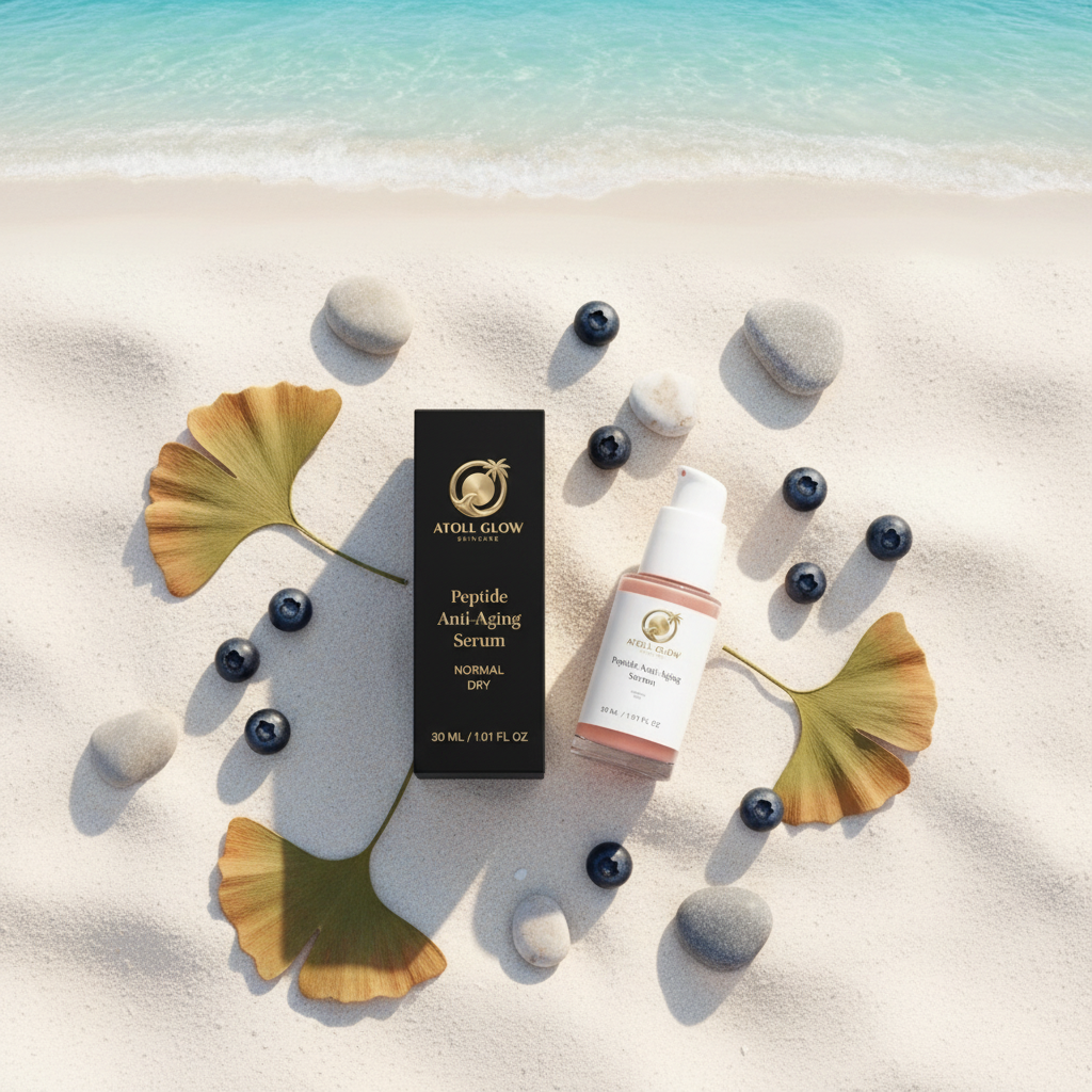Atoll Glow Peptide Serum flat lay on white sand beach with blueberries and ginkgo leaves