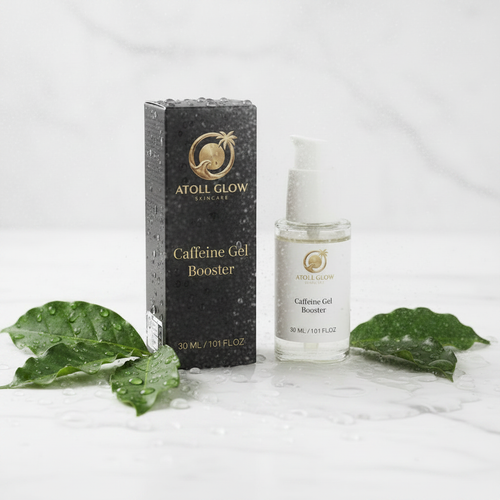 Atoll Glow Caffeine Gel Booster close-up on marble with green leaves and water droplets
