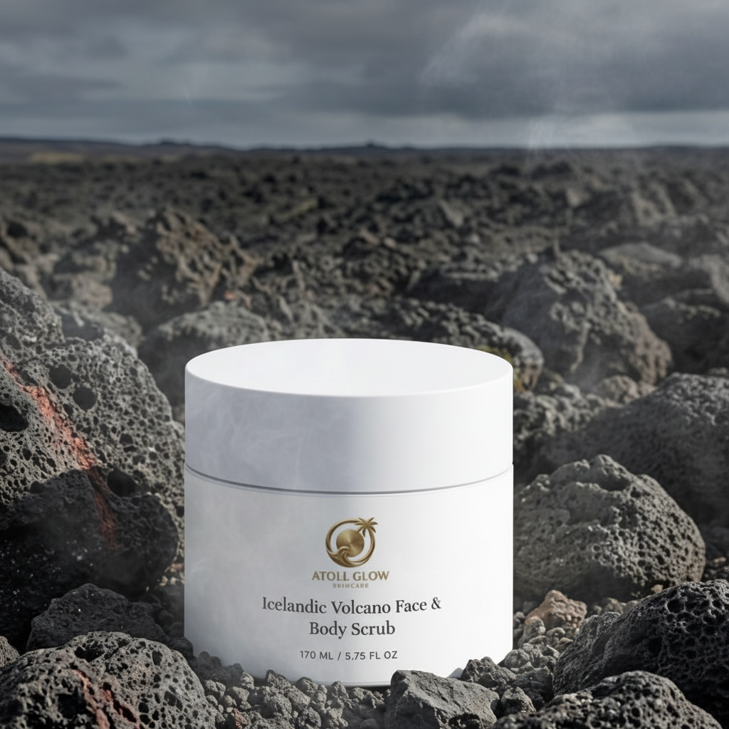 Atoll Glow Volcanic Scrub on dark volcanic rock with steam and Icelandic landscape