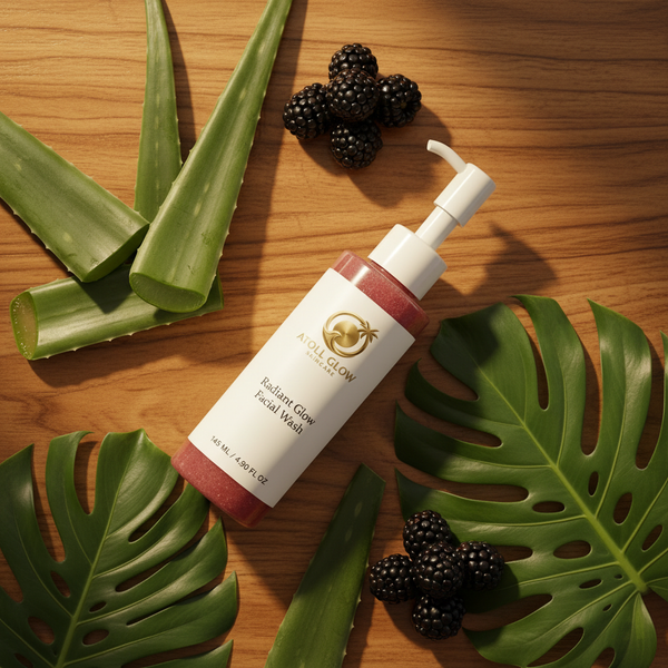 Atoll Glow Radiant Glow Facial Wash flat lay with aloe vera, blackberries and monstera leaves