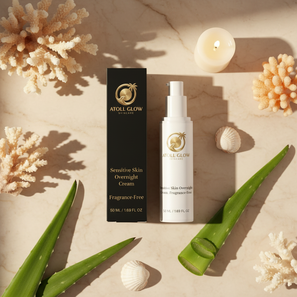 Atoll Glow Sensitive Skin Night Cream flat lay on beige marble with coral, seashells and aloe vera